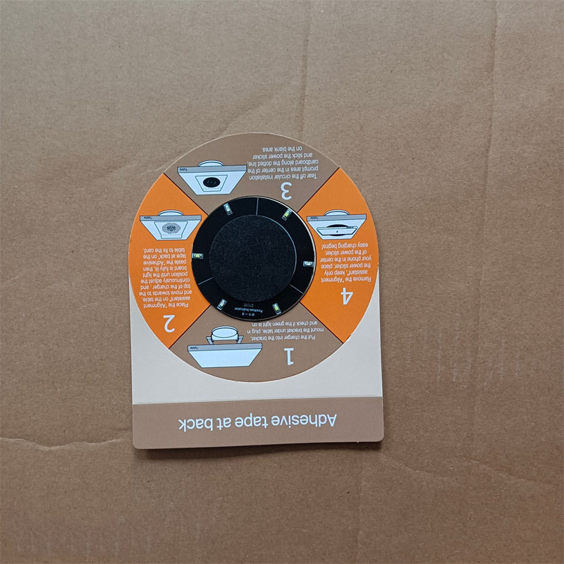 Cardboard installation guide card with four numbered orange and brown steps and a black alignment ring.