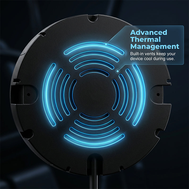 Back of the charger with curved vent slots outlined in glowing blue.