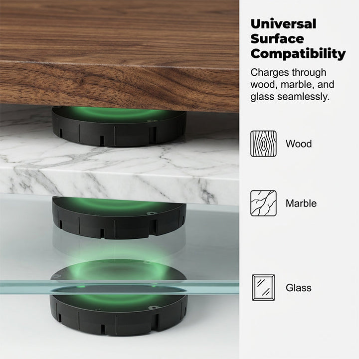 Three black charger pucks under a wood slab, a marble slab and a glass pane, with matching icons.