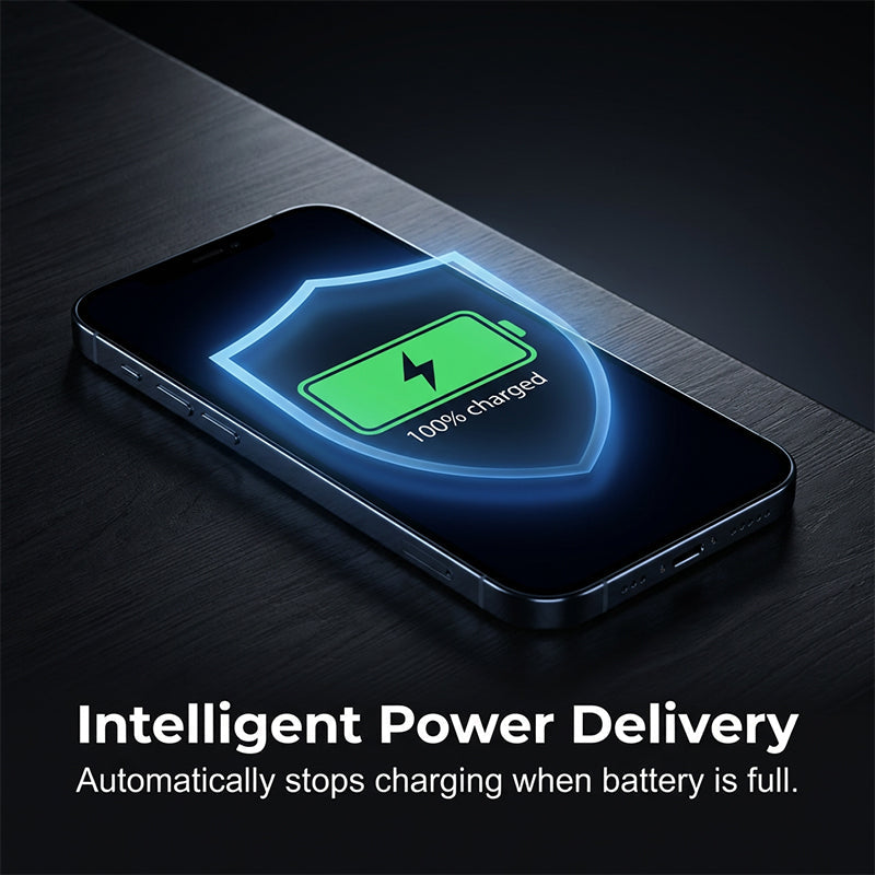 Phone lying on a dark wood surface with a glowing shield and green full-battery icon on its screen.