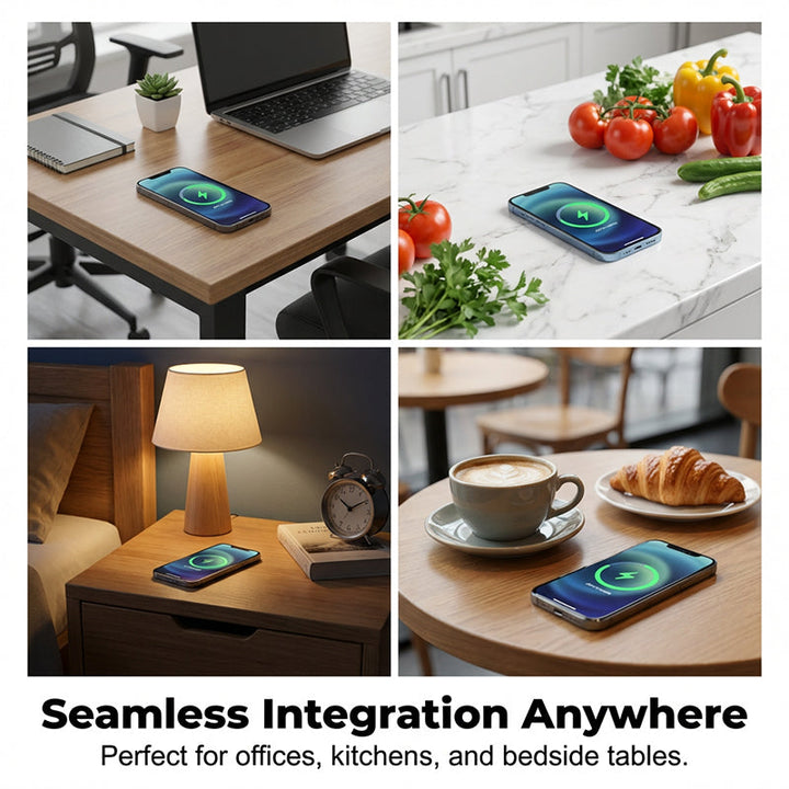 Four-panel collage of phones charging on an office desk, a marble kitchen counter, a bedside table and a cafe table.