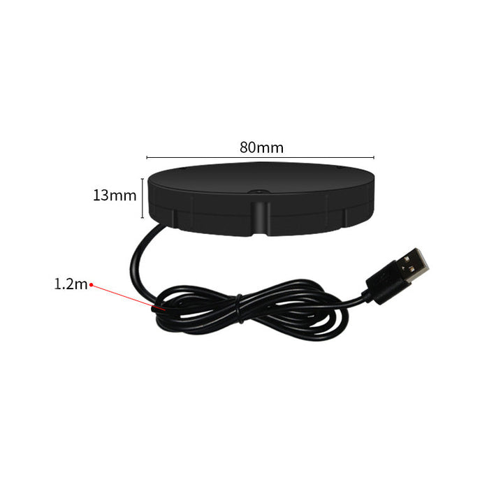 Black round charger with attached USB cable and dimension lines showing 80mm width, 13mm height and 1.2m cord.