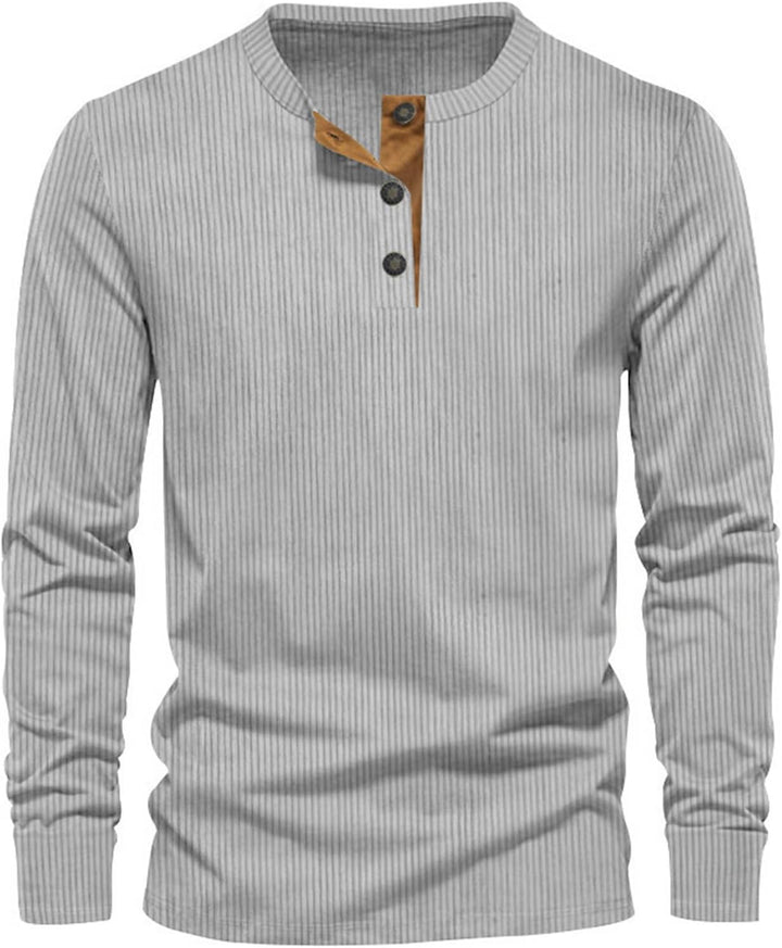 Men's long-sleeve striped top in light gray with a tan placket and three buttons, front view.