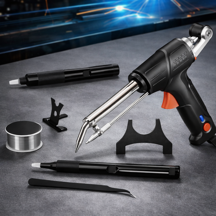 Tool on a gray surface with solder wire, stands, a desoldering pump and tweezers arranged around it 6