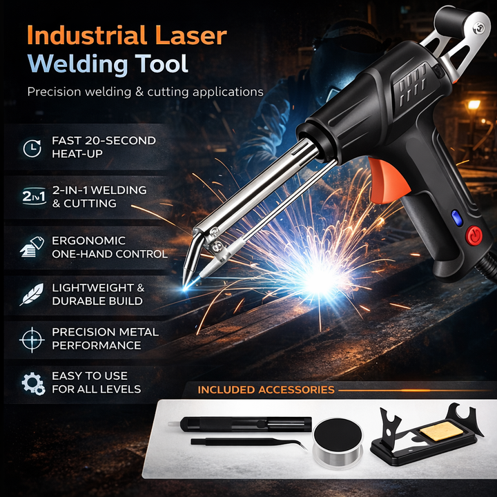 Feature graphic listing six benefits beside the tool, with an included accessories strip along the bottom 3