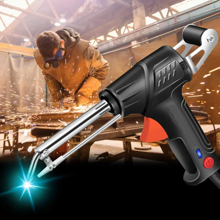 Close-up of the pistol-grip tool with metal tip, set against a welder grinding in a workshop 2