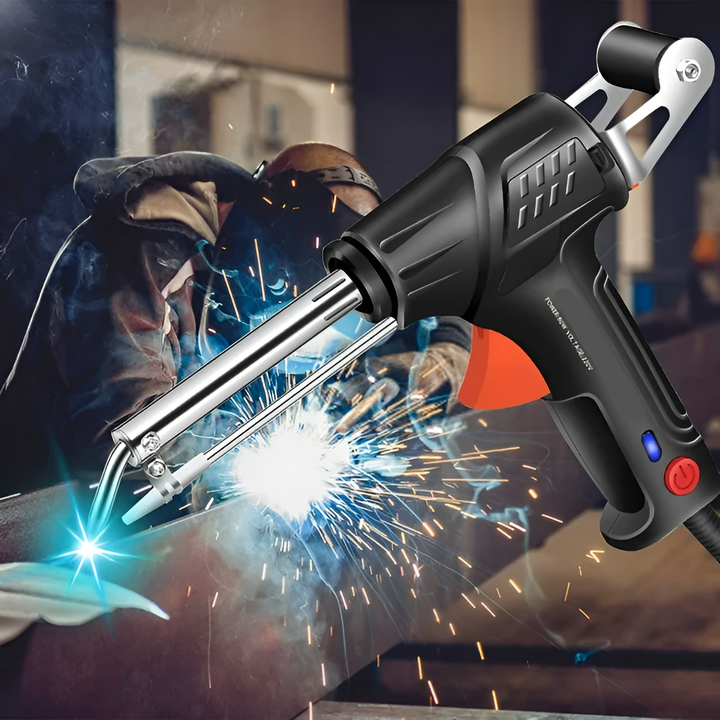 Tool angled in the foreground with a glowing tip, over a welder working behind a sparking seam 4