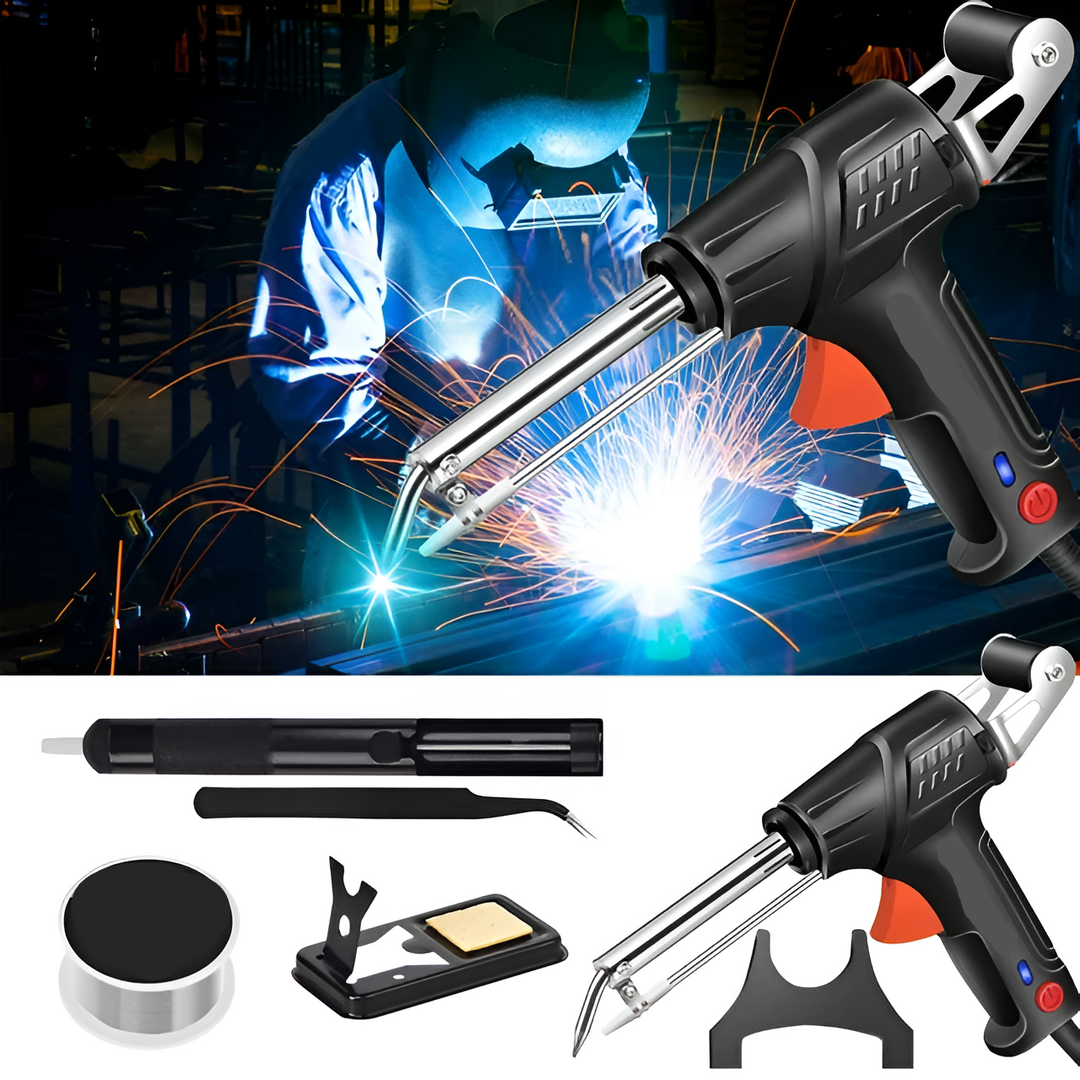 Collage of a welder in a mask with the tool, plus accessories laid out below on white 5