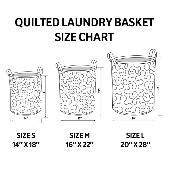 Size chart for three quilted forest print baskets in small, medium and large.
