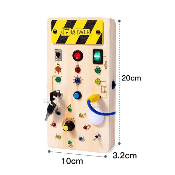 Montessori LED busy board front view with lines marking its height, width and thickness.