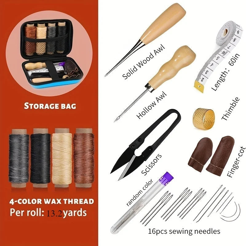 Infographic labeling each kit component: wooden awls, tape measure, thimble, snips, leather finger guards, needle tube and four spools of waxed thread, beside t 2