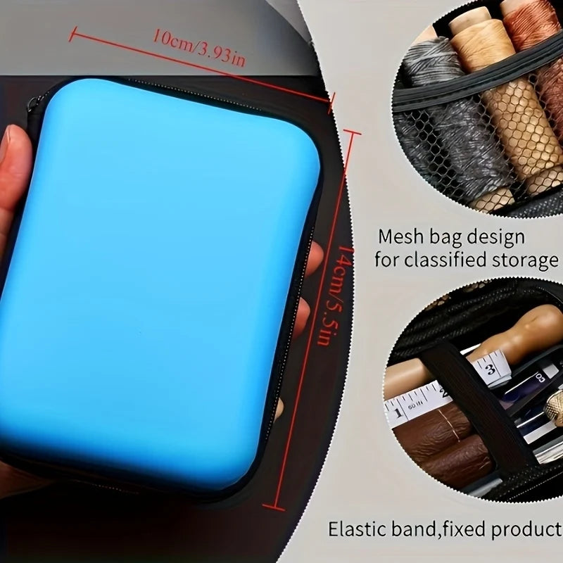 Hand holding the closed blue zippered case, with dimension lines and close-ups of the mesh thread pocket and elastic band holding tools. 3