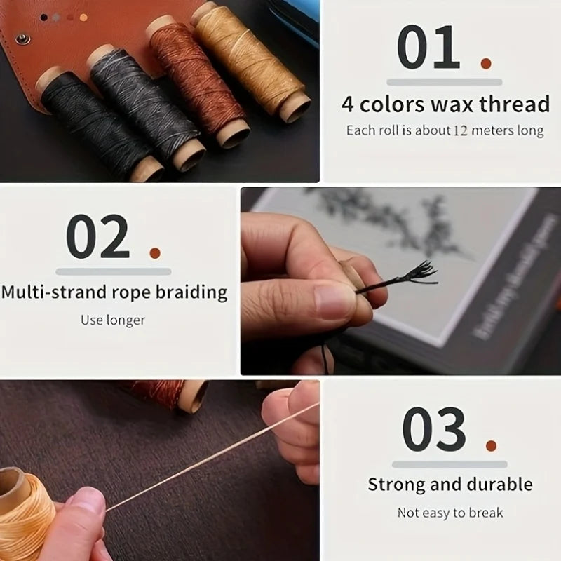 Collage of four waxed thread spools and hands pulling and fraying the multi-strand thread, illustrating its braided construction and durability. 4