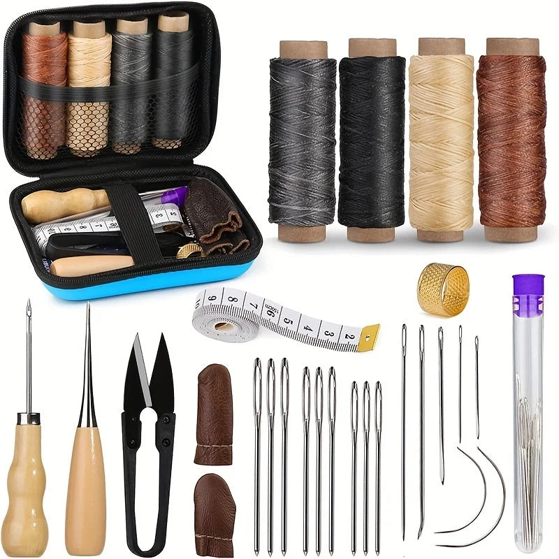 Open blue zippered case beside every kit piece laid out: four wax thread spools, two awls, scissors, thimble, finger guards, tape measure and needles. 1
