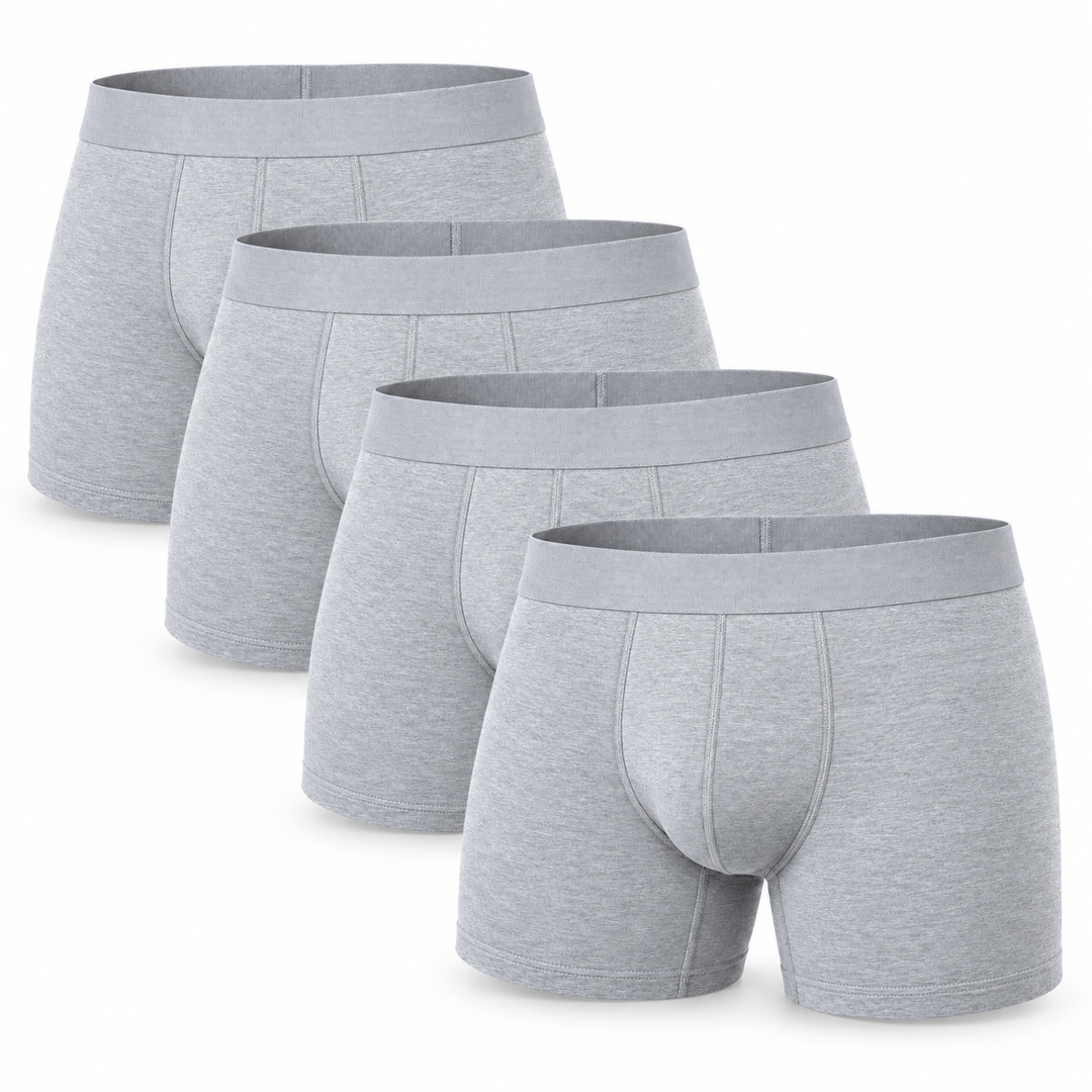 Four heather gray boxer briefs fanned out in a staggered stack, showing waistbands and front stitched seams. 6
