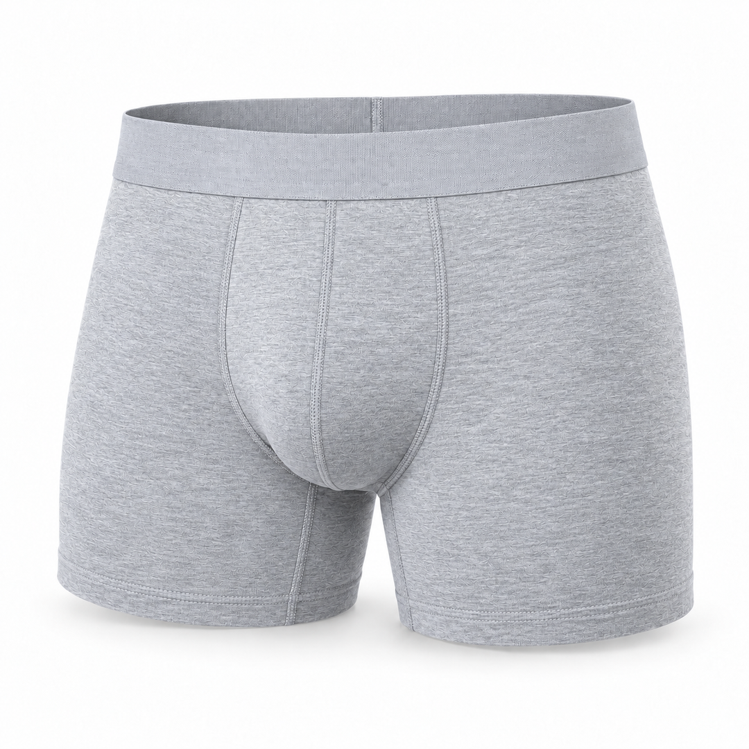 Single heather gray boxer brief shown from the front, with wide waistband and stitched pouch seams. 7
