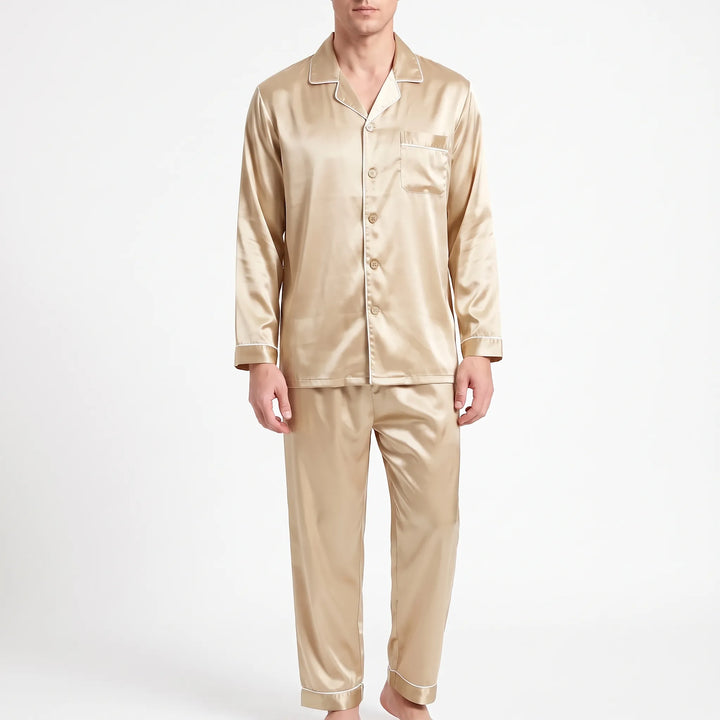 Model wearing the pajama set in light gold satin with white piping and matching buttons, shown from the front. 8