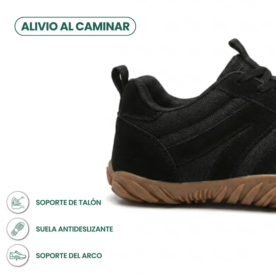 Close-up of the black shoe's heel and tan gum sole, with callouts for heel support, non-slip outsole and arch support. 22