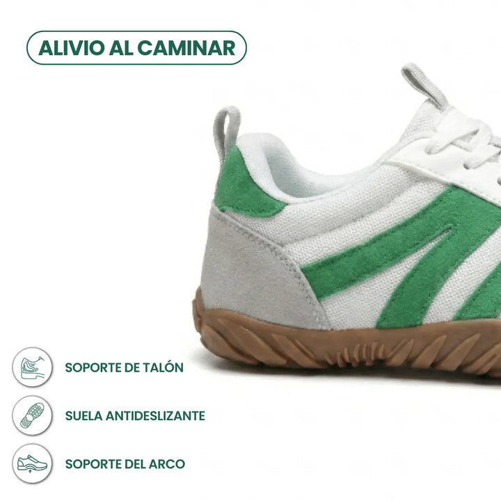 Close-up of the white and green shoe's heel and tan gum sole, with callouts for heel support, non-slip outsole and arch support. 31