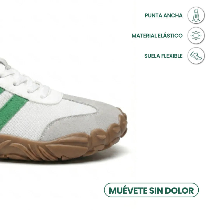 Close-up of the white and green shoe's wide rounded toe and flexible tan sole, with icons for wide toe, stretch material and flexible sole. 32