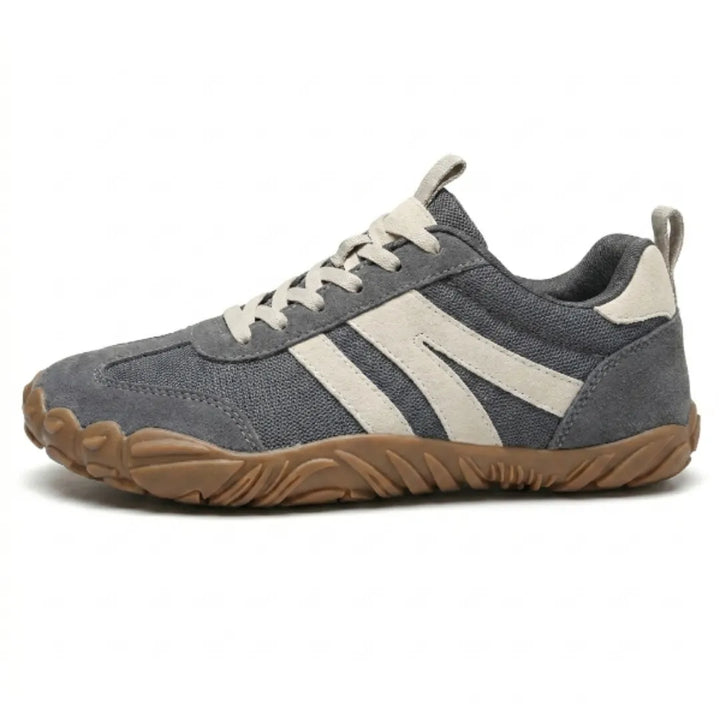 Lilia Women's Barefoot Shoes in gray with cream stripes, side view, lace-up front and tan rubber sole.