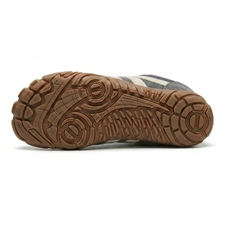Lilia Women's Barefoot Shoes in gray, bottom view of the tan rubber outsole and wide toe area.
