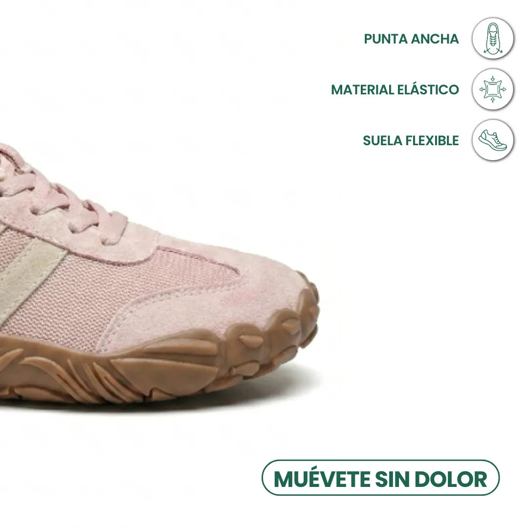 Detail of the pink Lilia Women's Barefoot Shoes wide rounded toe and flexible sole.