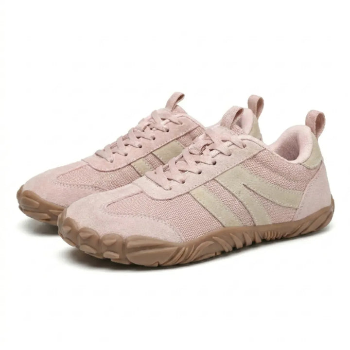 Lilia Women's Barefoot Shoes in pink with beige stripes, pair view on a white background.