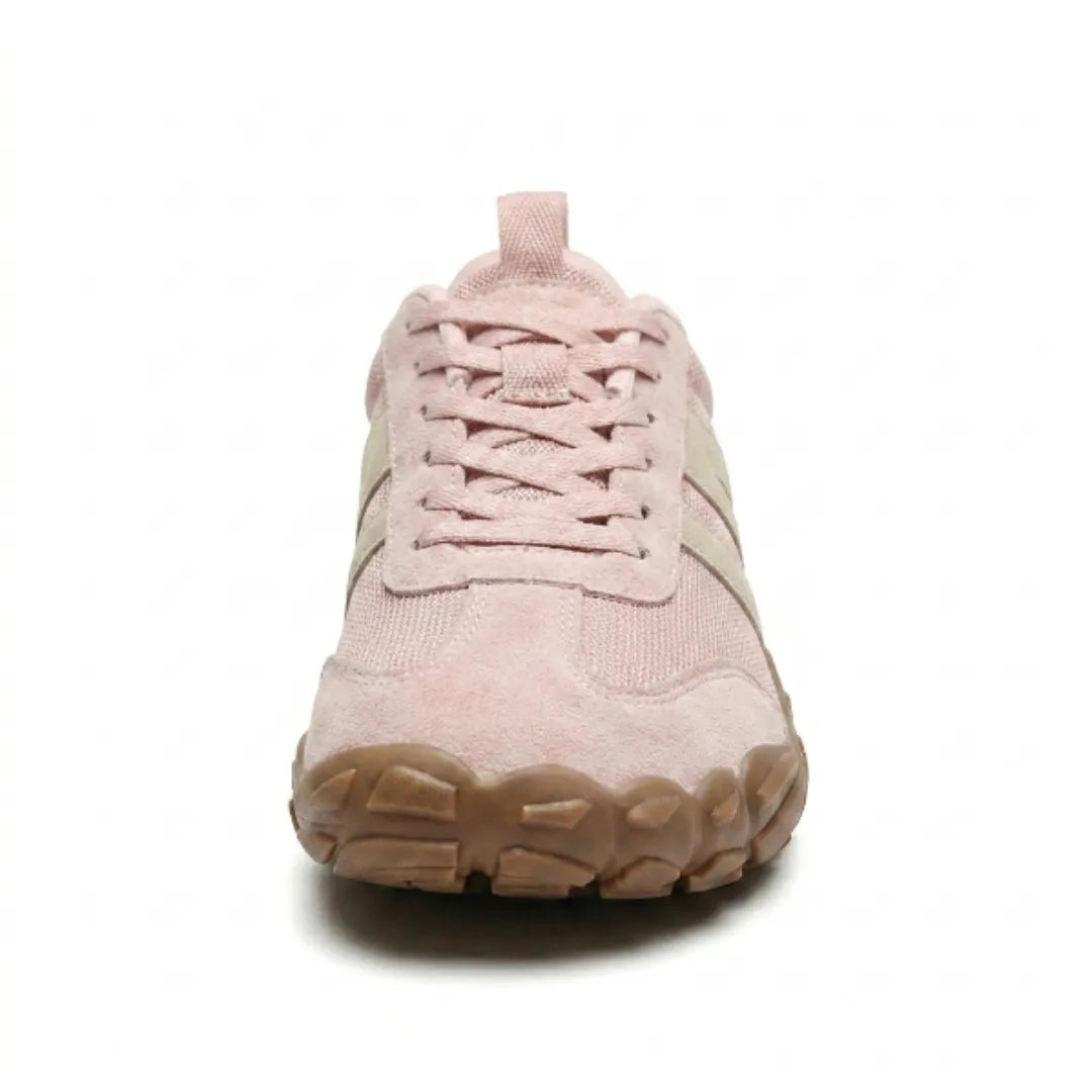Lilia Women's Barefoot Shoes in pink, front view with laces and wide rounded tan sole.