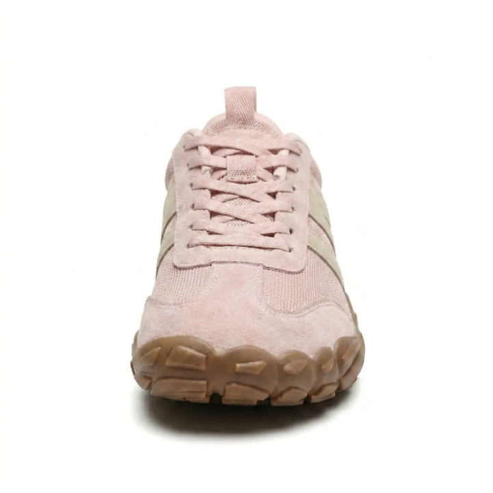 Lilia Women's Barefoot Shoes in pink, front view with laces and wide rounded tan sole.
