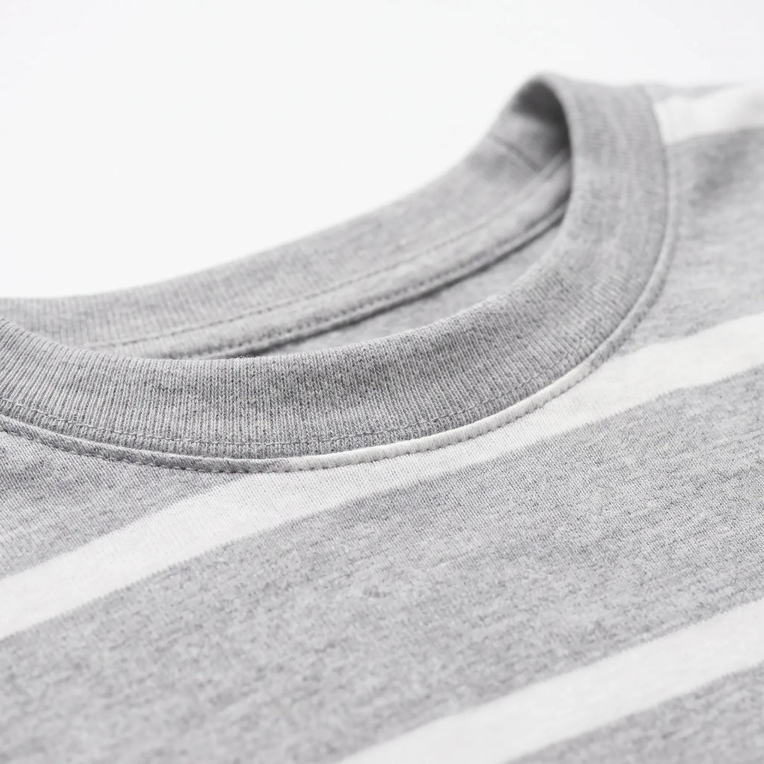 Close-up of the ribbed crew neckline and stitching on the heathered gray top, with a wide white stripe beneath the collar. 5