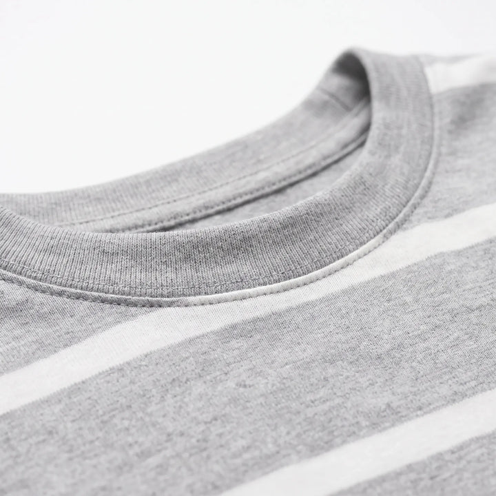 Close-up of the ribbed crew neckline and stitching on the heathered gray top, with a wide white stripe beneath the collar. 5