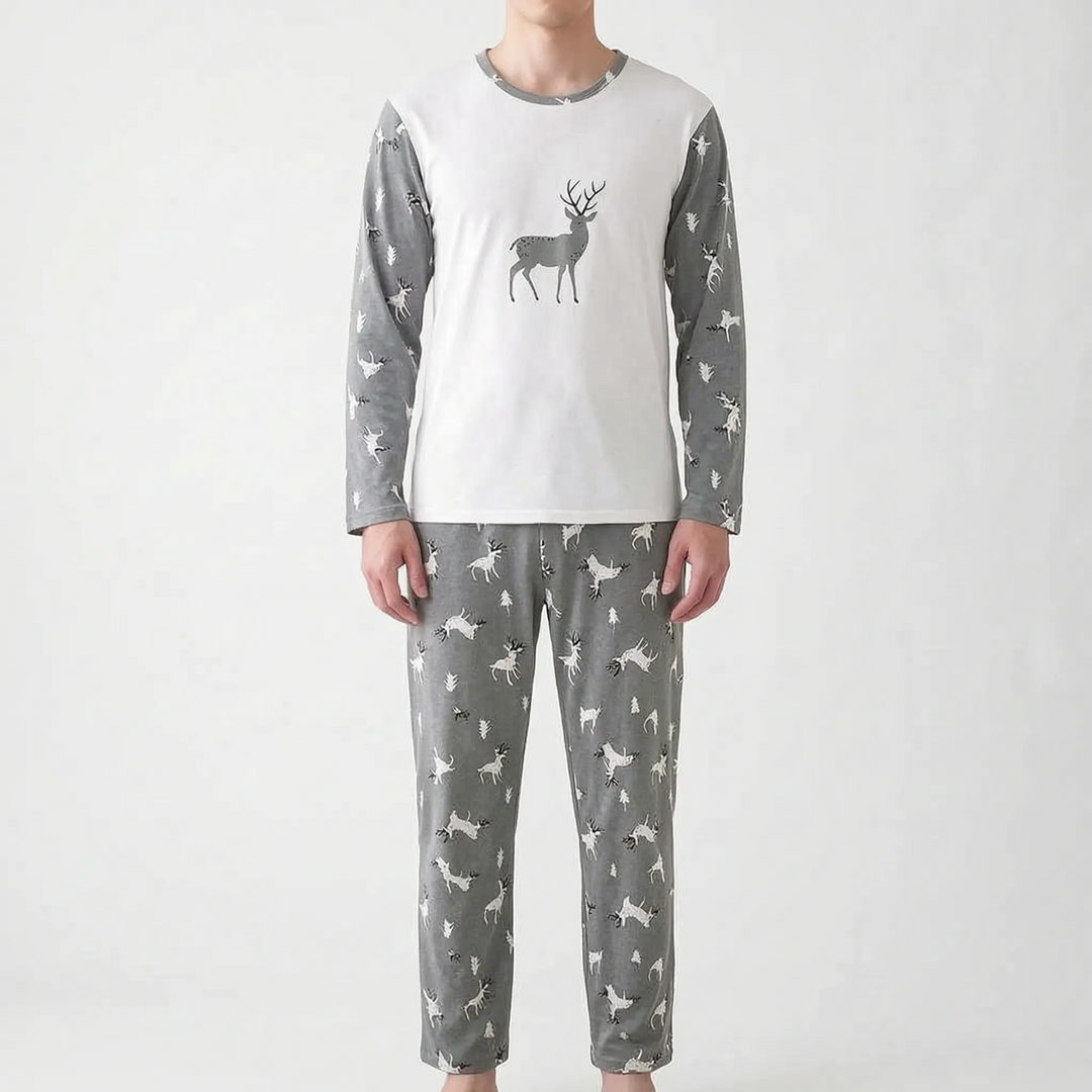 Model wearing a different design with a white top, gray sleeves, a single deer print on the chest and deer-patterned gray pants. 7