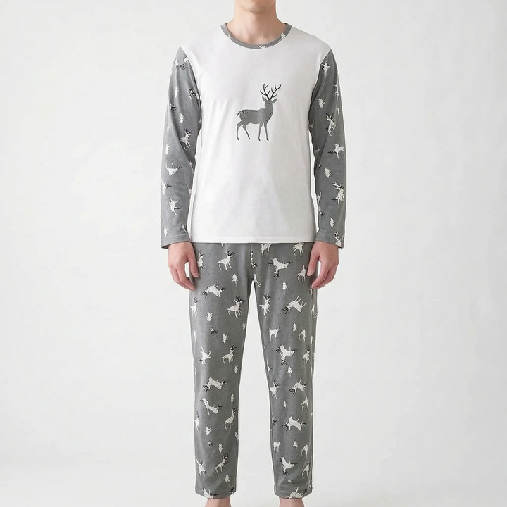 Model wearing a different design with a white top, gray sleeves, a single deer print on the chest and deer-patterned gray pants. 7