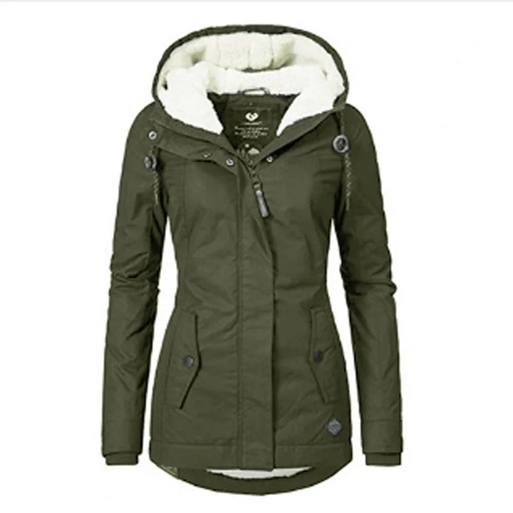 Olive green hooded jacket front view with fluffy white lining, zip placket and snap pockets 4
