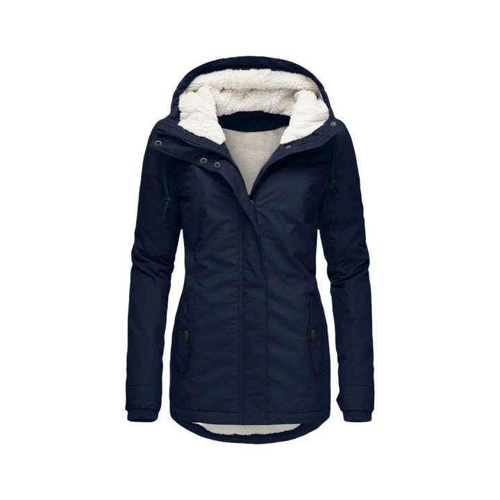 Navy blue hooded jacket front view, unzipped to show the thick white fleece lining inside 5