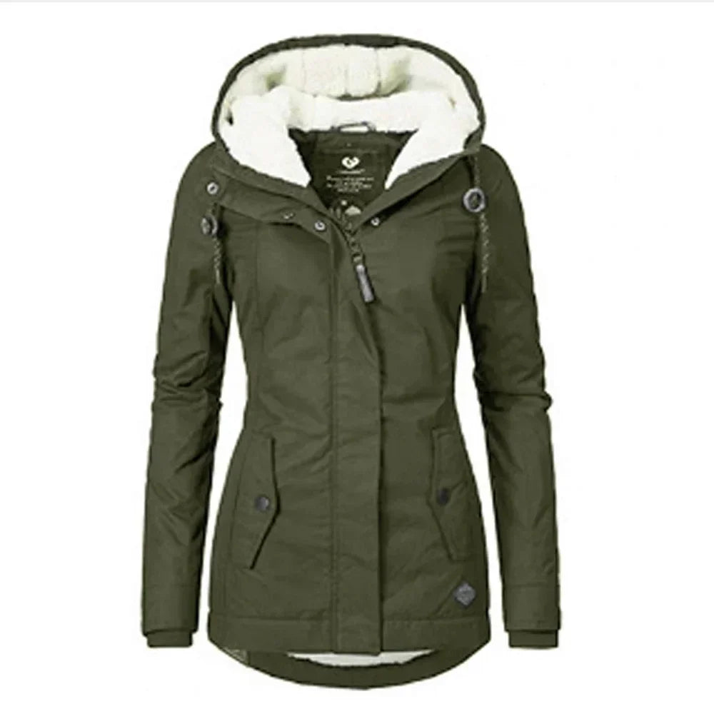 Olive green hooded jacket flat front view with fleece-lined hood and curved hem 9