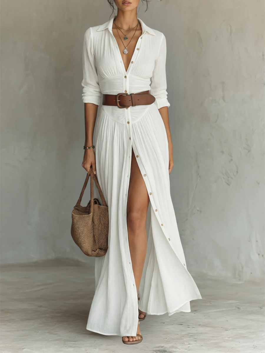 Long Sleeve Button-Front Maxi Dress - Cora