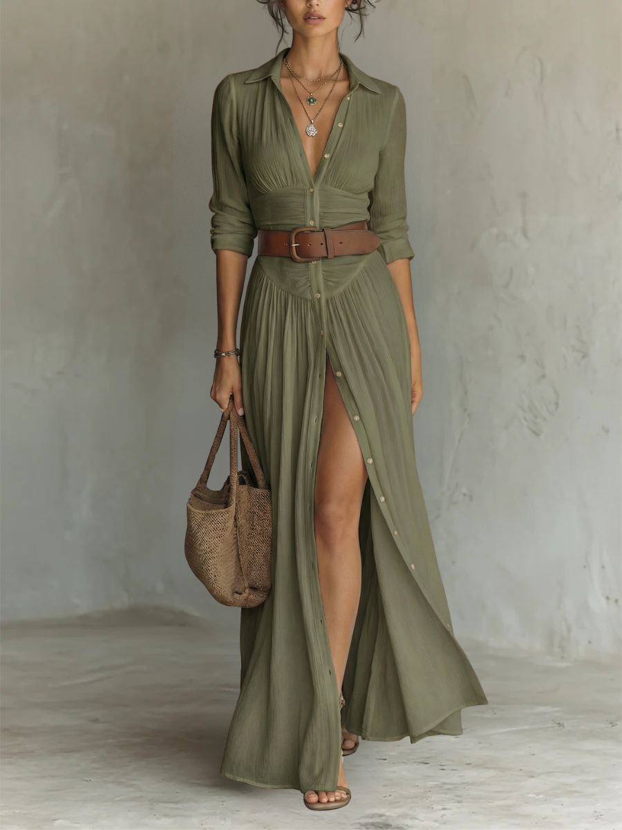 Long Sleeve Button-Front Maxi Dress - Cora