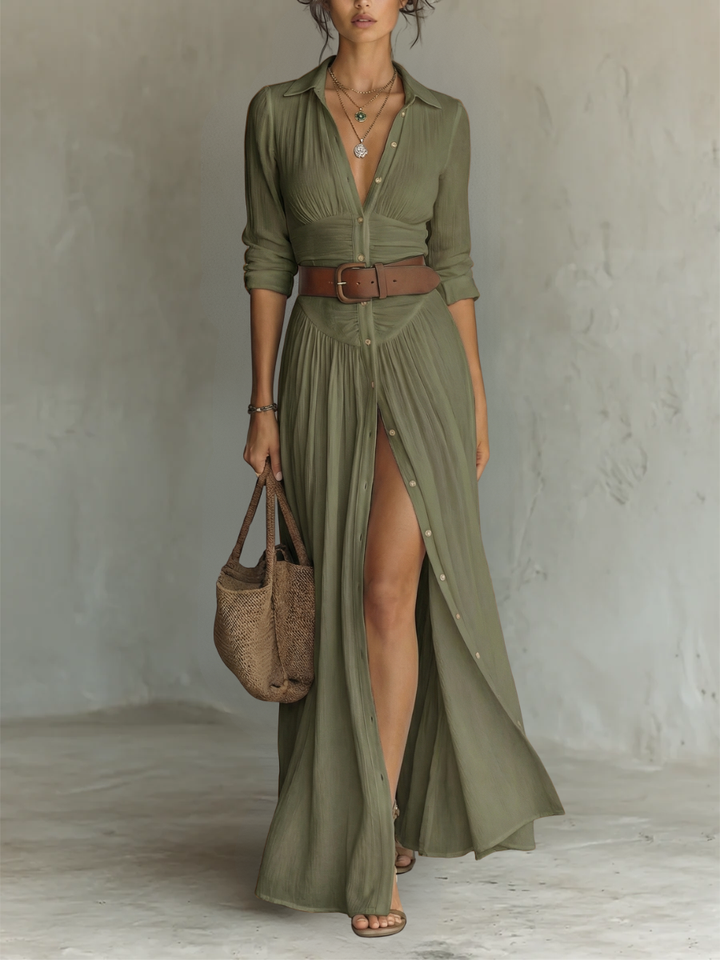 Long Sleeve Button-Front Maxi Dress - Cora