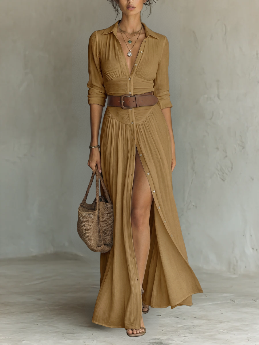 Long Sleeve Button-Front Maxi Dress - Cora