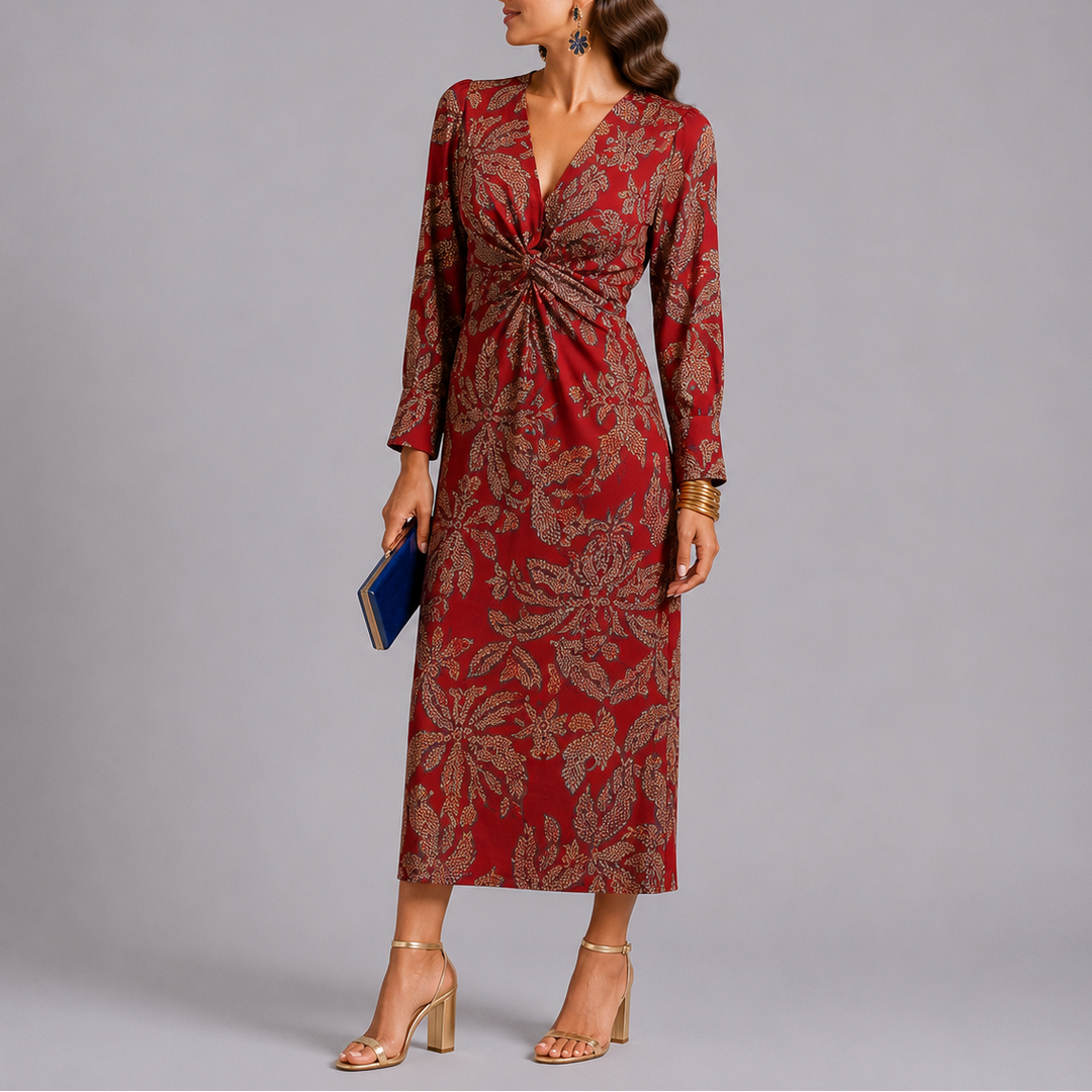 Long Sleeve Floral Midi Dress - Heather