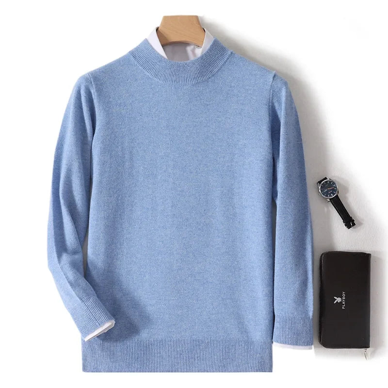 Light blue mock neck sweater on a hanger over a white shirt, with a watch and wallet 2