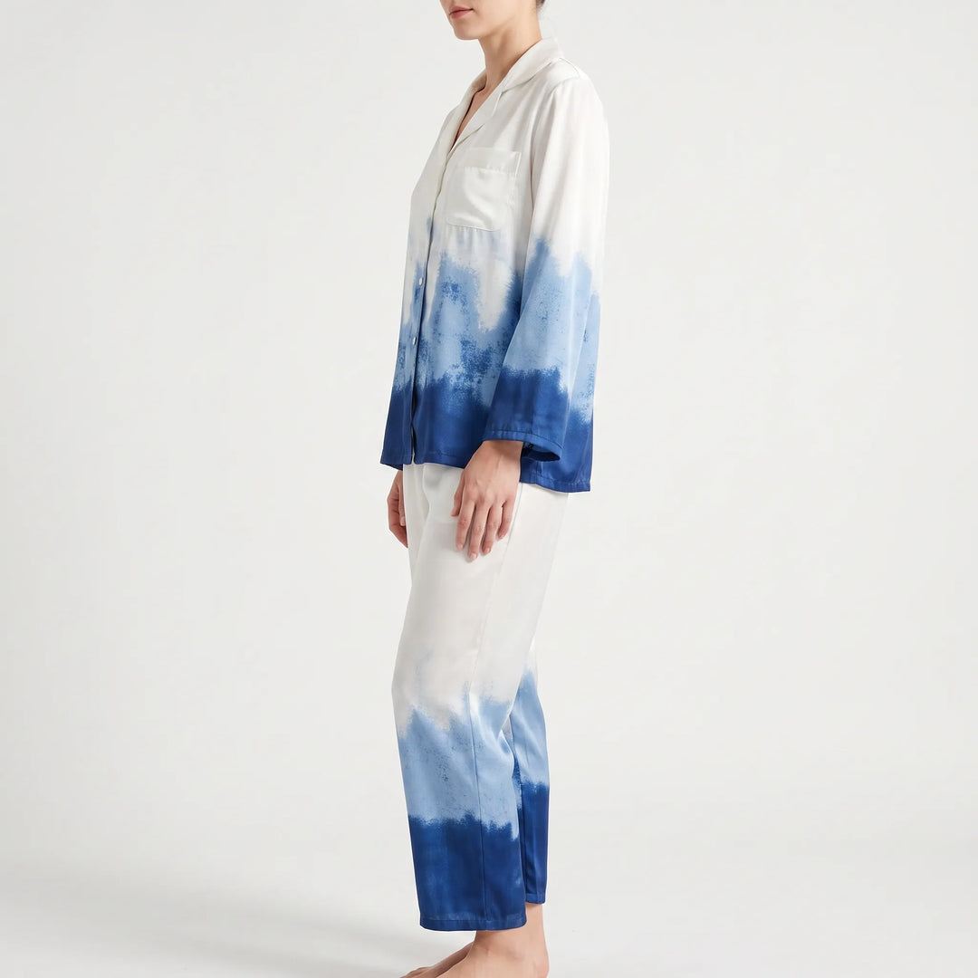 Side view of the model in the ombré pajama set, showing the long sleeves, chest pocket and straight-leg pants. 4
