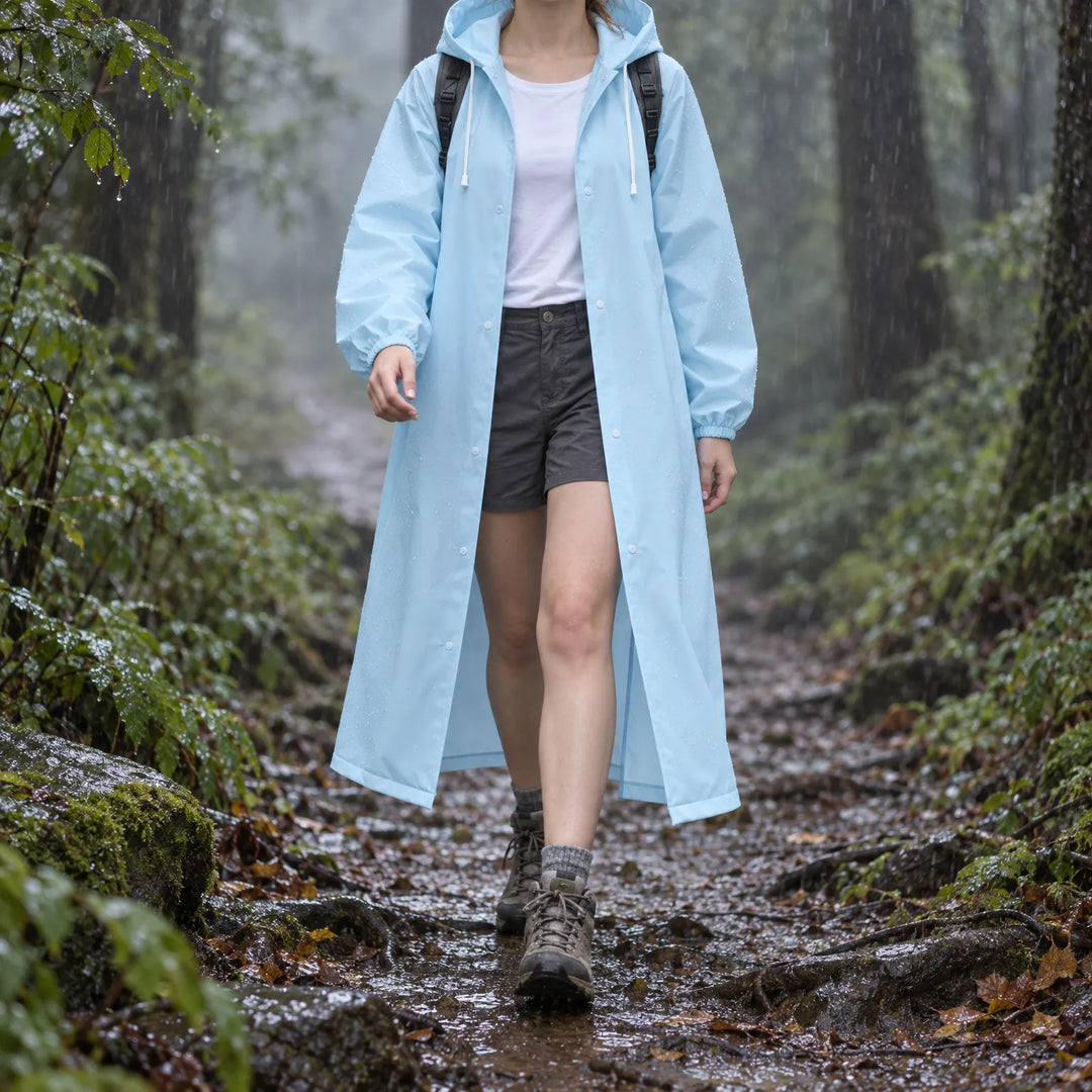 Woman in a light blue hooded raincoat, open over shorts, hiking a wet forest trail in falling rain. 1