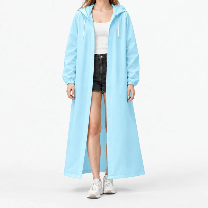 Studio front view of a model in the sky blue hooded coat worn open, with white drawcords and snap closures. 10