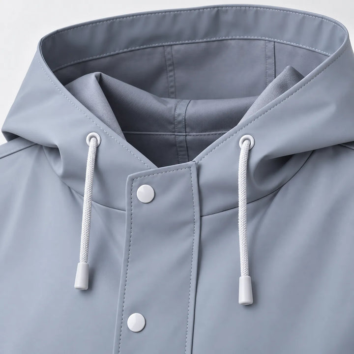 Close-up of a blue-gray hood with white drawcords, stitched seams, and white snap buttons on the front placket. 6