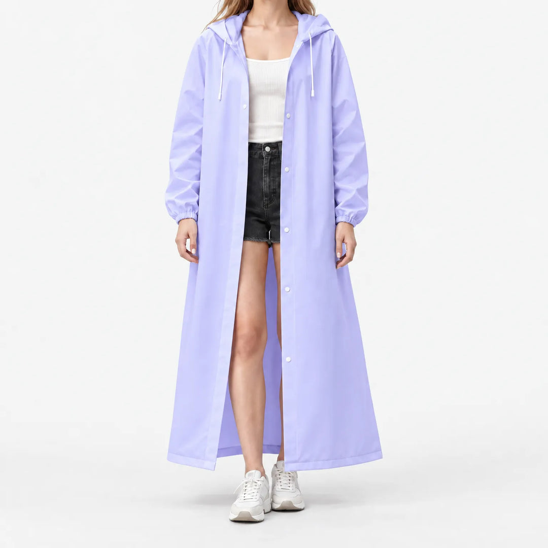 Studio front view of a model in the light purple hooded coat, snaps undone, with elastic cuffs and full length. 9