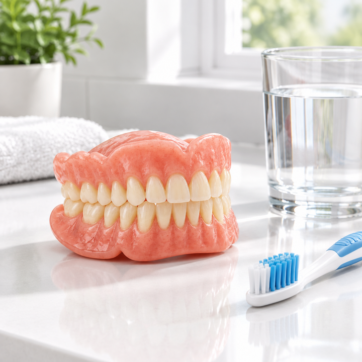 Pink full denture set with natural-looking teeth on a white bathroom counter beside a glass of water and a toothbrush.