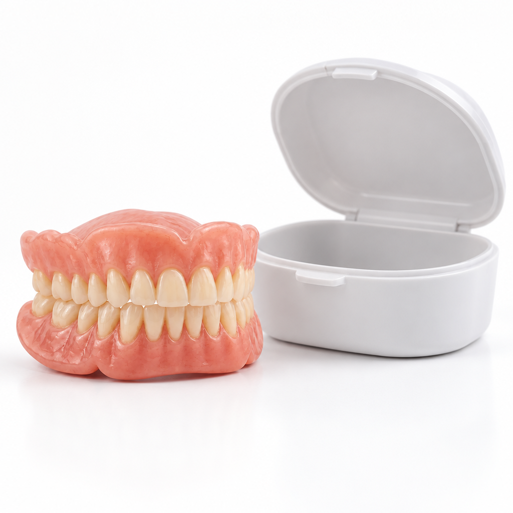 Pink full upper and lower denture set with cream-colored teeth beside an open white plastic storage case.